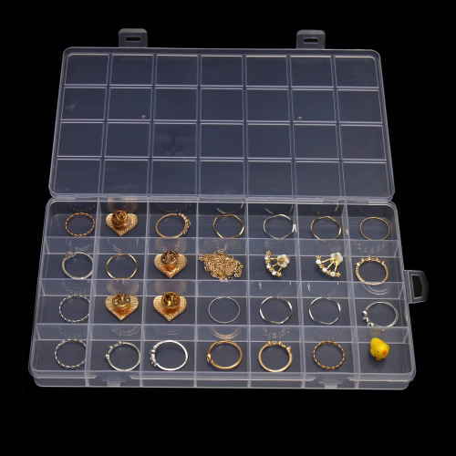 Jewelry Organizer Box with 28 Fixed Compartments, Anti-Tangle Design; Transparent Plastic Earring & Stud Holder for Rings