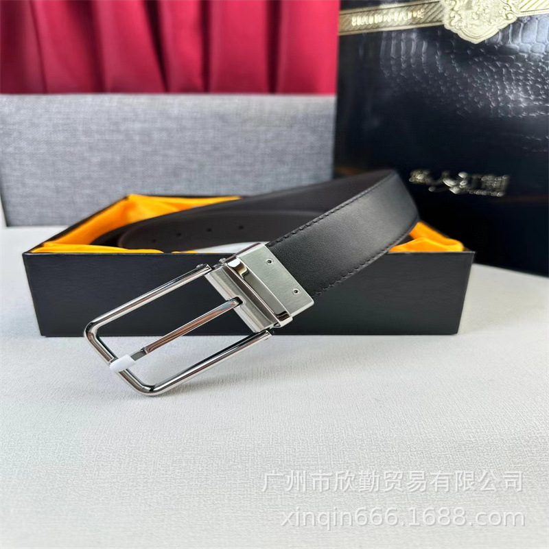 男士不锈钢针扣皮带真皮腰带头层牛皮3.5CM简约百搭青年商务腰带