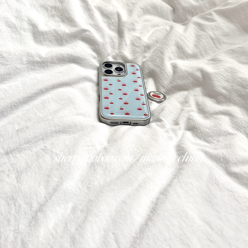 SHERRY*ins 風電メッキ シルバーエッジ ブルーベース レッドチェリー 優しい Apple 16ProMax 携帯電話ケースに適しています|undefined
