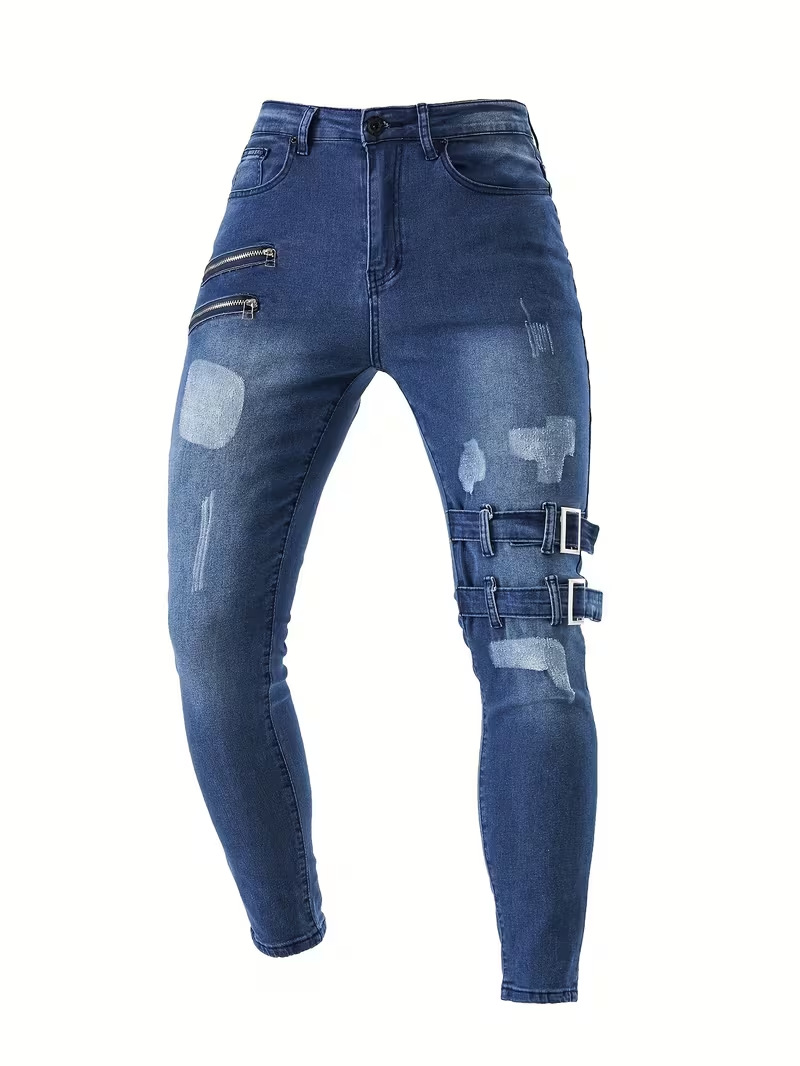 Jeans uomo slim fit neri strappati in denim elasticizzato_voghion.com