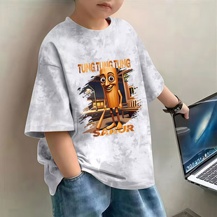 Pure Cotton Summer New Foreign Mountain and Sea Scripture Printed T-Shirt Short-Sleeved Versatile Loose Top for Boys and Girls, Middle and Large Children