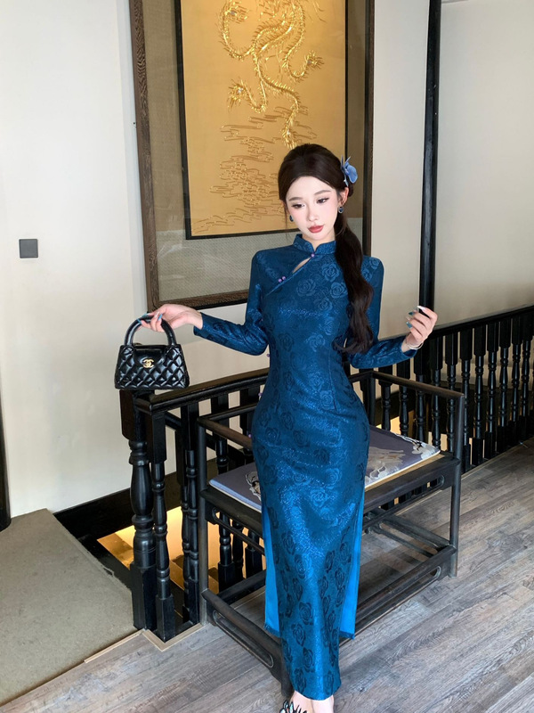 蓝色旗袍女新中式2025高端年轻款复古蕾丝裙秋季日常连衣裙中国风|undefined