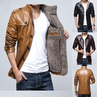 Foreign trade winter clothing men's fashion lapel fleece-lined motorcycle leather coat trendy men's thickened fur leather jacket jacket