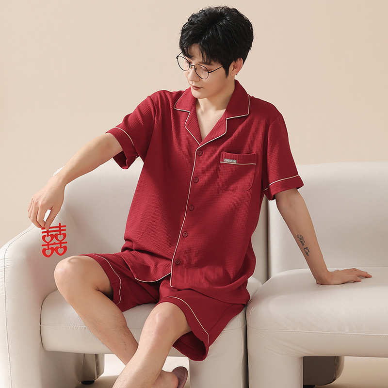Verano nuevos hombres cardigan pijamas de manga corta puro algodón rojo boda casual waffle desgaste del hogar se puede usar fuera de verano