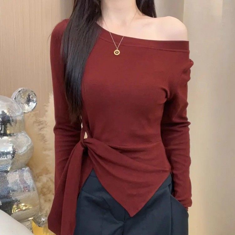 大码韩系条纹不规则开叉斜肩长袖T恤女春秋新款胖mm收腰显瘦上衣|undefined