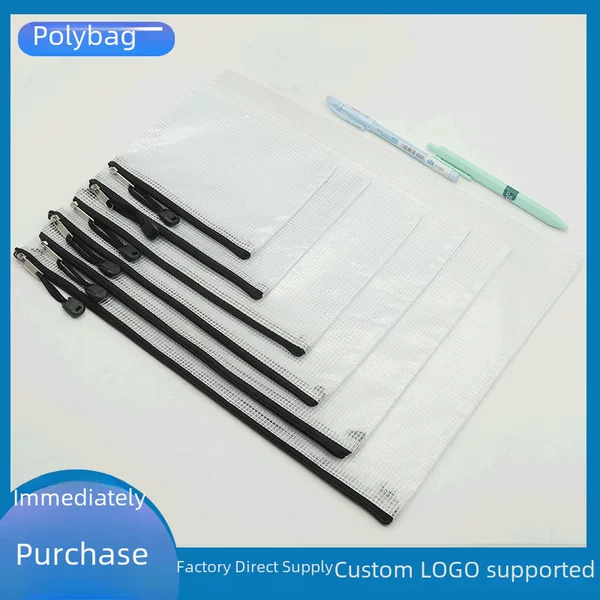Grid Black Zipper File Bag Custom Pvc Transparent Thickened Waterproof Stationery Bag A4 Export Cross-Border Storage Bag
