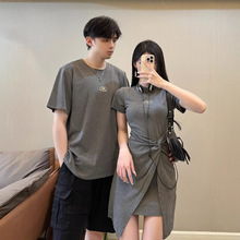 赫本风情侣装夏季新款2025女短袖修身收腰显瘦百搭连衣裙一衣一裙