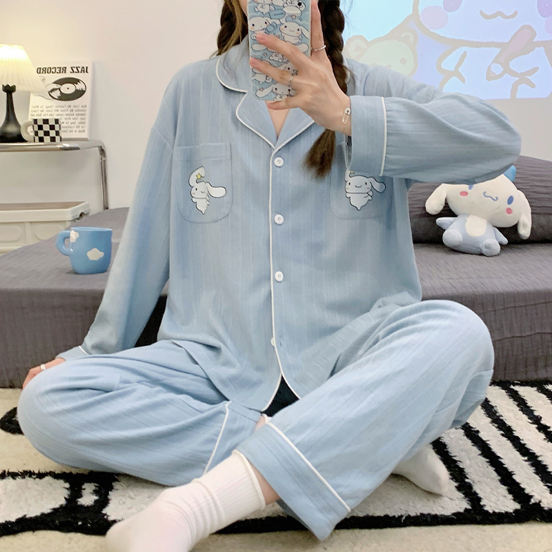 2023 nuevos pijamas azules de alta calidad de las mujeres de algodón jacquard de otoño e invierno de manga larga cardigan linda chica dulce ropa de casa traje