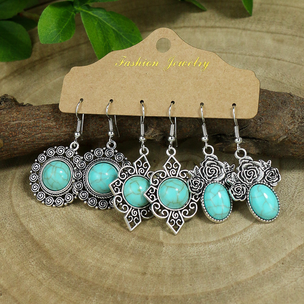 1 Pair Retro Simple Style Geometric Plating Alloy Turquoise Drop Earrings display picture 4