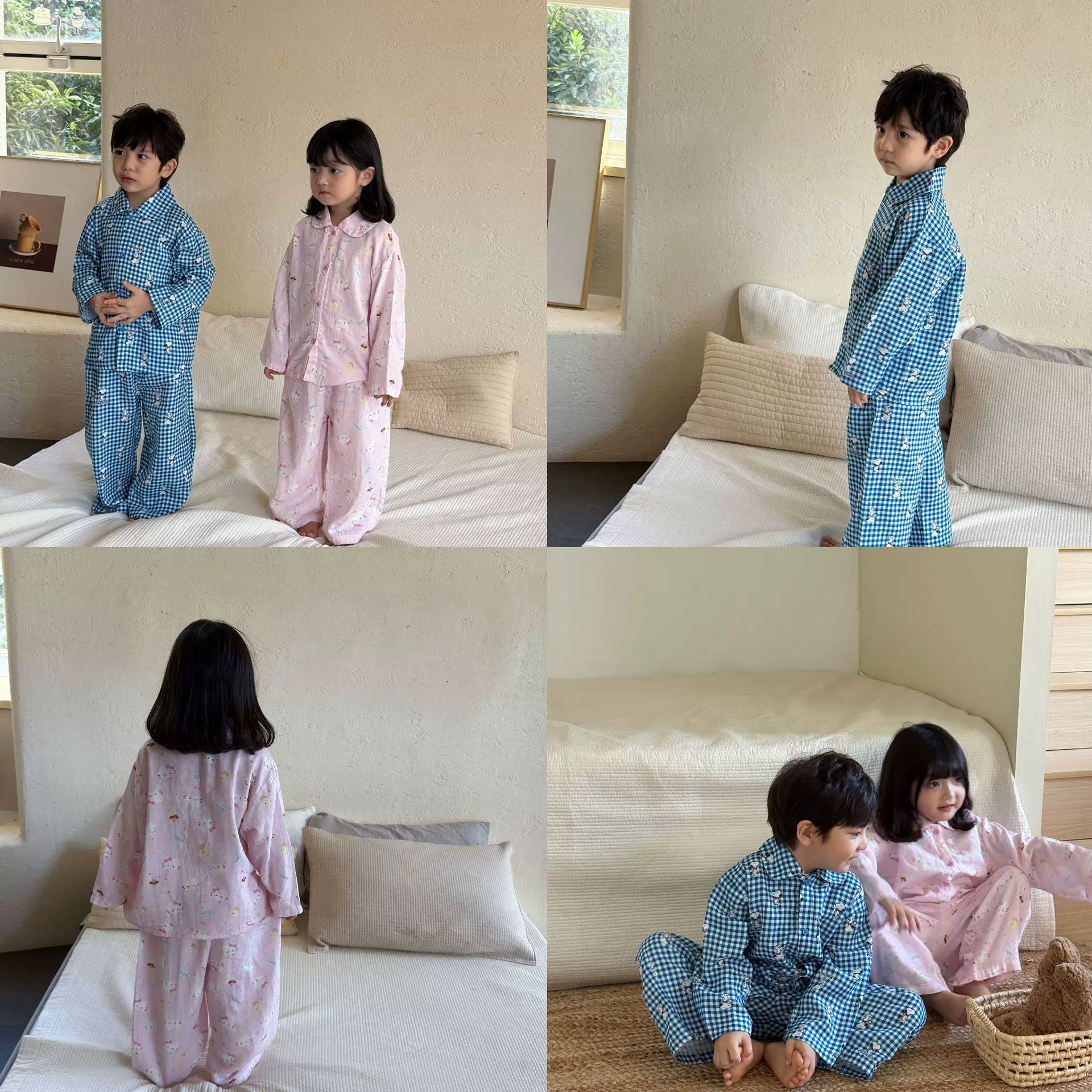 儿童秋季韩系纯棉双层纱布透气印花家居服套装男女童休闲宽松睡衣