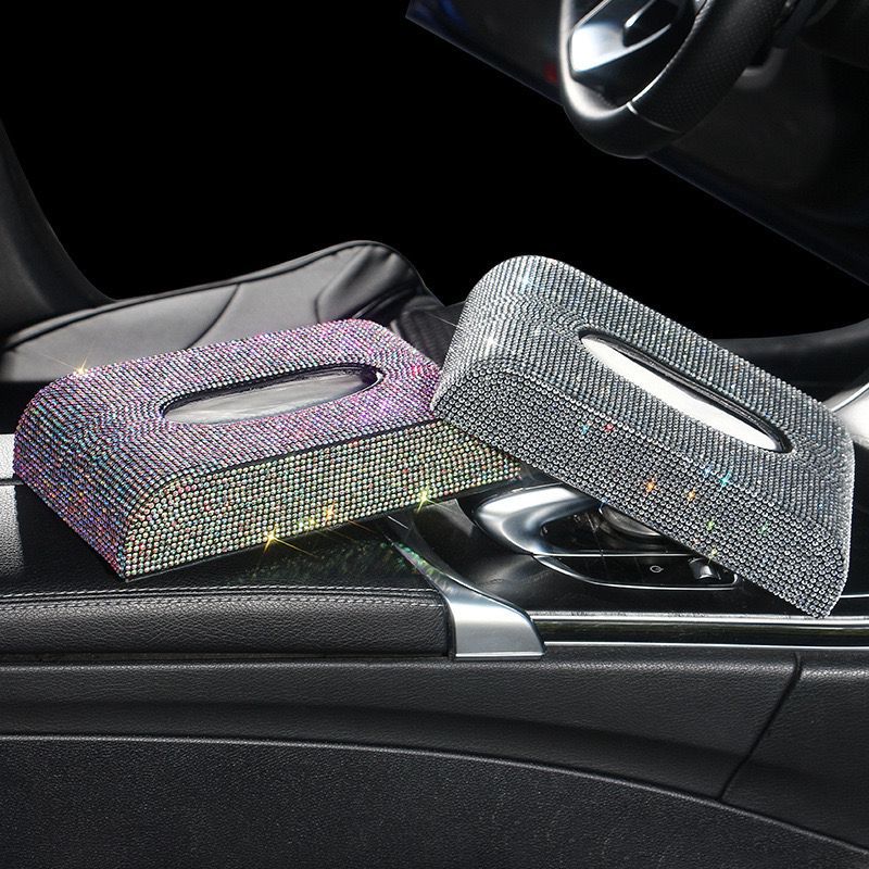 Caja de pañuelos creativa de coche transfronterizo caja de servilleta de asiento llena de diamantes coche de moda caja de pañuelos de asiento incrustado en diamante coche femenino