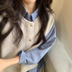 叠穿2025新款衬衫针织马甲两件套背心女春秋外穿韩系宽松坎肩上衣