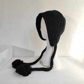 黑色长辫子帽子双球毛线帽雷锋帽子女秋冬韩版护耳保暖针织帽