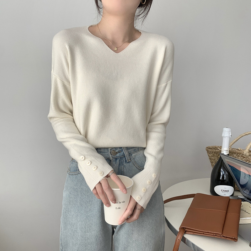 百搭针织打底衫秋季韩版v领宽松内搭套头纯色毛衣女长袖显瘦上衣|undefined