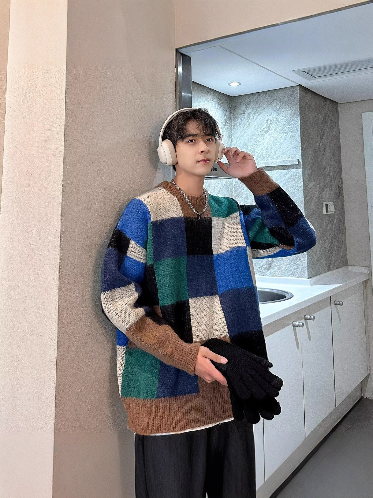 Suéter de tablero de ajedrez de Navidad para hombres invierno de alta calidad camiseta de punto suelta perezosa americana chaqueta de hilo retro