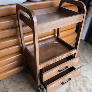 Beauty Salon European-Style Solid Wood Tool Cart with Double-Layer Drawers, Wooden Cart for Beauty, Manicure, Hairdressing, and Embroidery