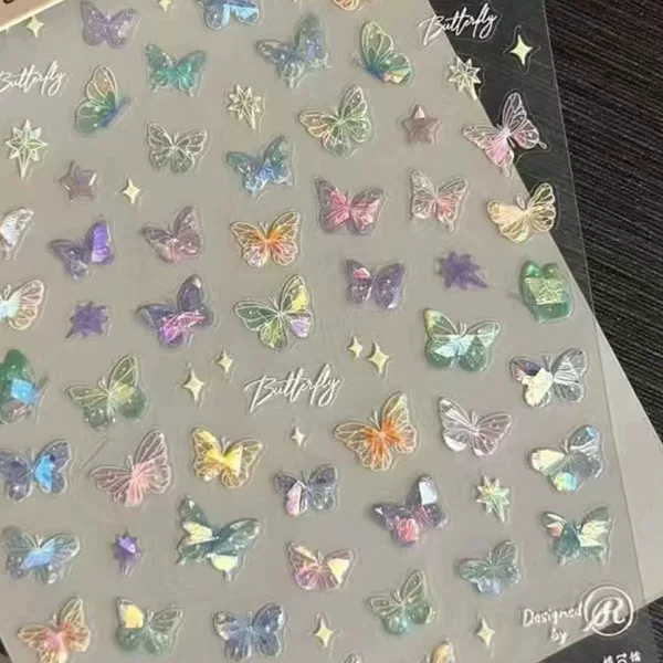 Xiaohongshu's Popular Shell Aurora Butterfly Nail Art Stickers Cut Out Liquid Wings Streamer Butterfly Nail Stickers Decorations