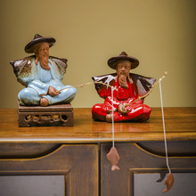 禅意紫砂钓鱼考翁人物摆件陶瓷姜太公垂钓鱼缸玄关家居客厅装饰品