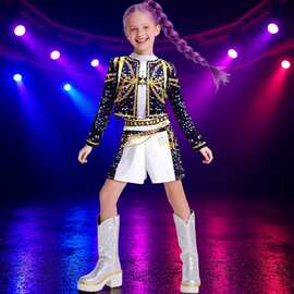 新款儿童K-POP黑金演出服套装 佐依鲁米风3D印花表演服童装