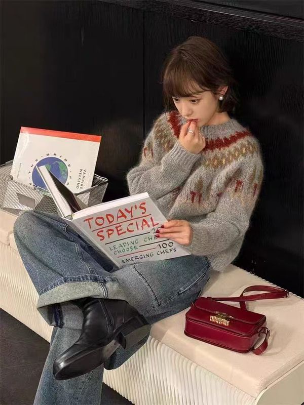 羊绒毛衣女25秋冬新款圆领打底衫加厚提花针织衫内搭上衣宽松撞色|undefined