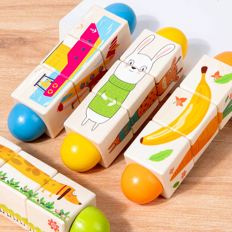 Bloques de construcción de rompecabezas tridimensionales de madera 0-3 agarre animales de dibujos animados tráfico de frutas y verduras rompecabezas giratorio rompecabezas rompecabezas juguetes educativos