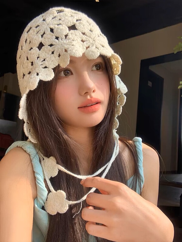 包头帽女夏季薄款编织花朵流苏复古民族风帽子镂空波西米亚风|undefined