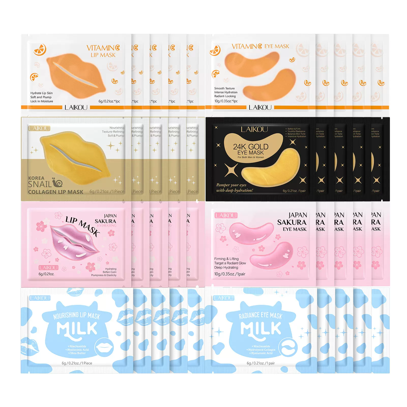 跨境LAIKOU唇膜眼膜8组*5pcs滋润保湿厂家现货lip mask eye mask