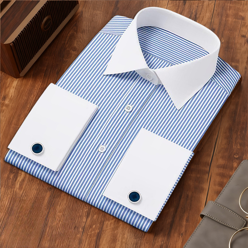 Aliexpress Popular Blue Striped Shirt Men's Long-Sleeved Business Commuting French Cuff Shirt Men's Striped Shirt Men