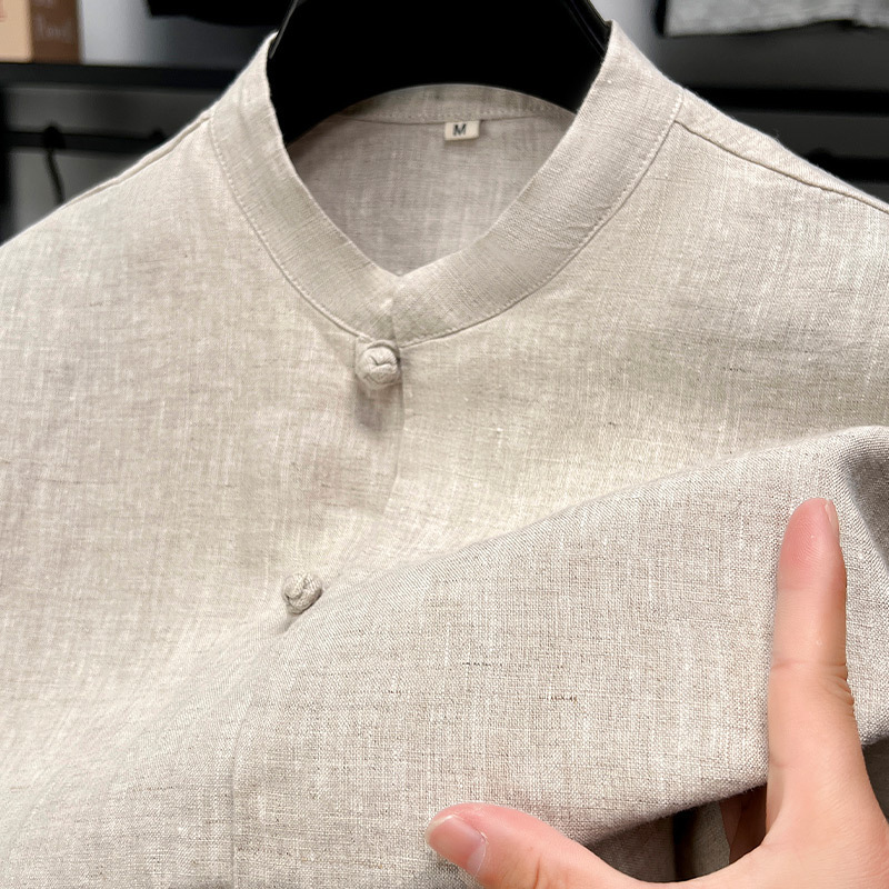100% Linen Quarter-Sleeve T-Shirt Men's Shirt Pure Color Stand-Up Collar Summer New Chinese Style Young and Middle-Aged Shirt Thin