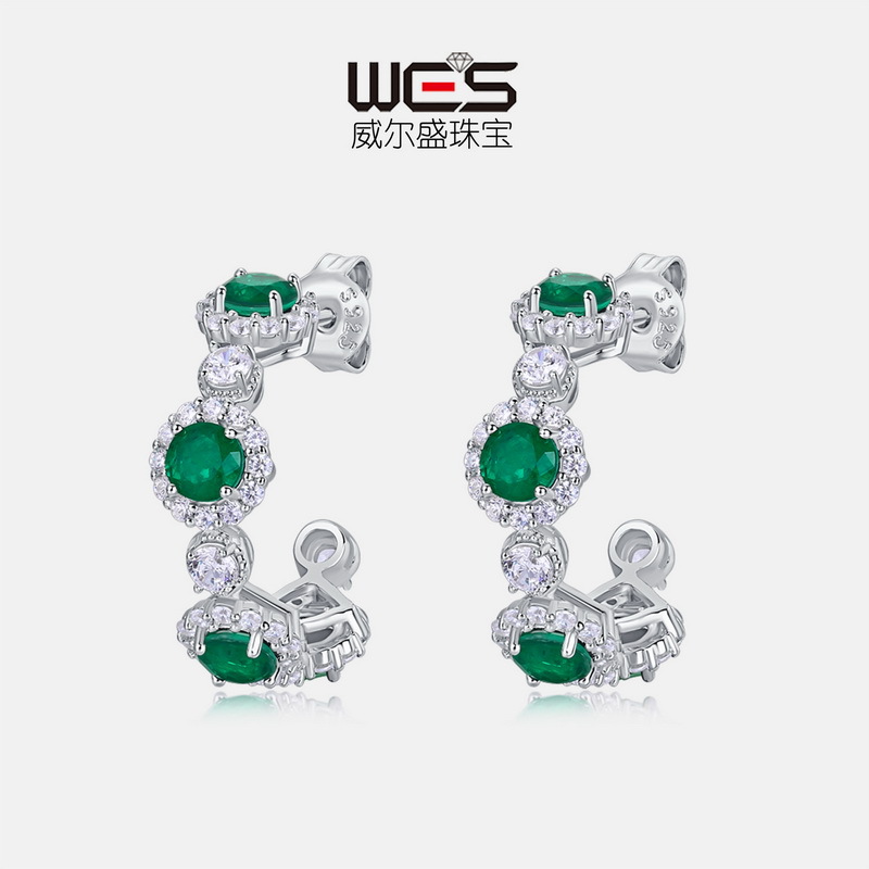 Amazon transfronterizo nuevos pendientes de esmeralda sintética de diamantes estrellados S925 con incrustaciones de plata, pendientes de lujo ligero, personalidad