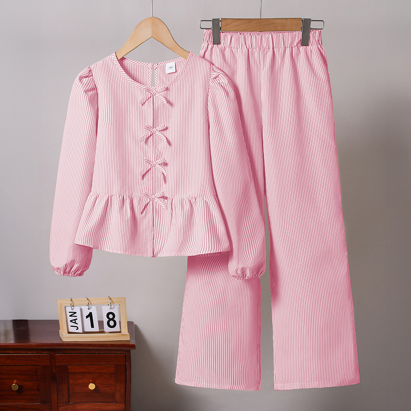 2026 primavera amazon cross-border ropa de niñas casuales rayas sólidas arco dulce mangas largas pantalones largos sueltos