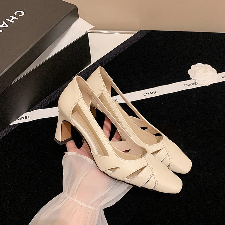 Giày cao gót nữ da thật mũi vuông nhỏ, gót cao 9 cm, phong cách thời trang xuân hè — màu nâu, màu trắng ngà chi tiết 70