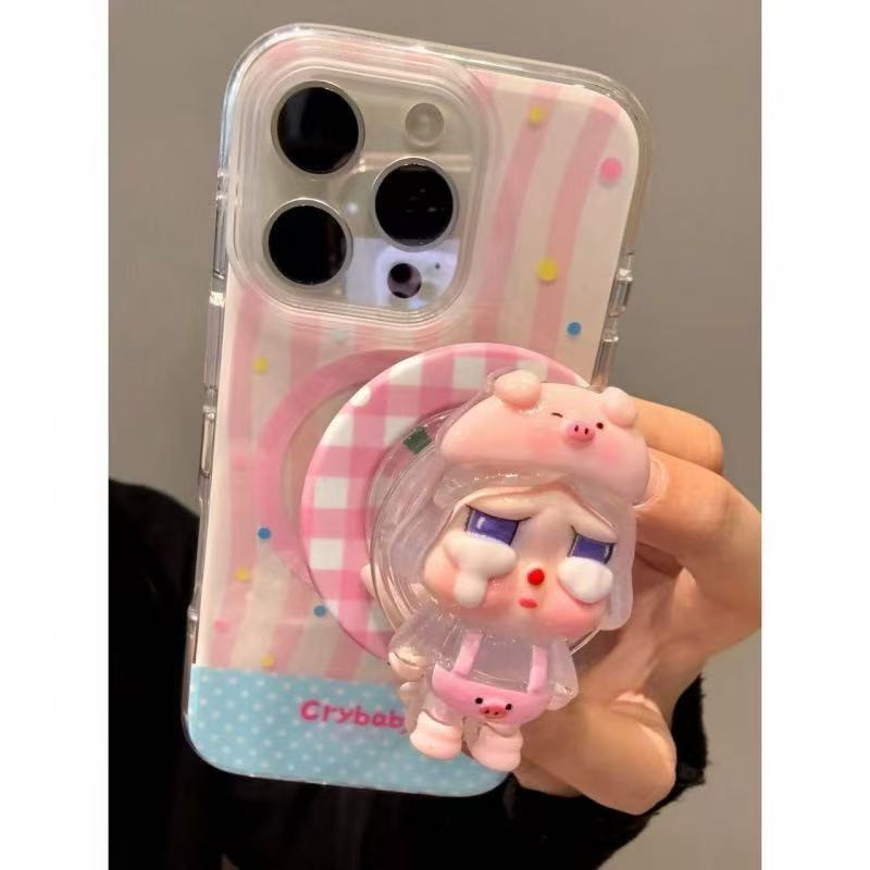 日韩条纹星星立体哭娃磁吸支架适用iPhone16promax苹果15手机壳14|undefined