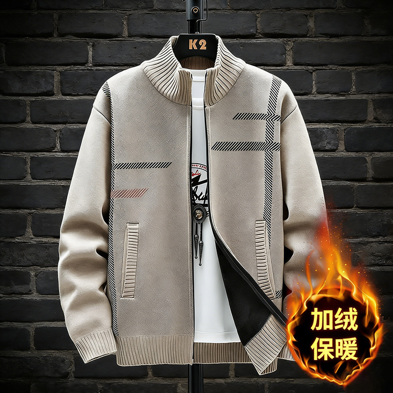 Cross-Border Exclusive Supply of Men's Sweater Cardigans, Winter Korean Style Fleece-Lined Thickened Stand-Collar Knitwear Jackets Wholesale for Men
