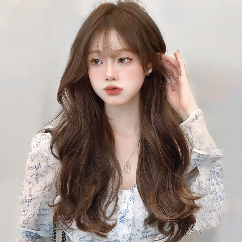 Cheng Ming Wig Women's Cold Brown Long Curly Hair Large Wave Breathable Summer Fashion Air Bangs Full Head Cover Style