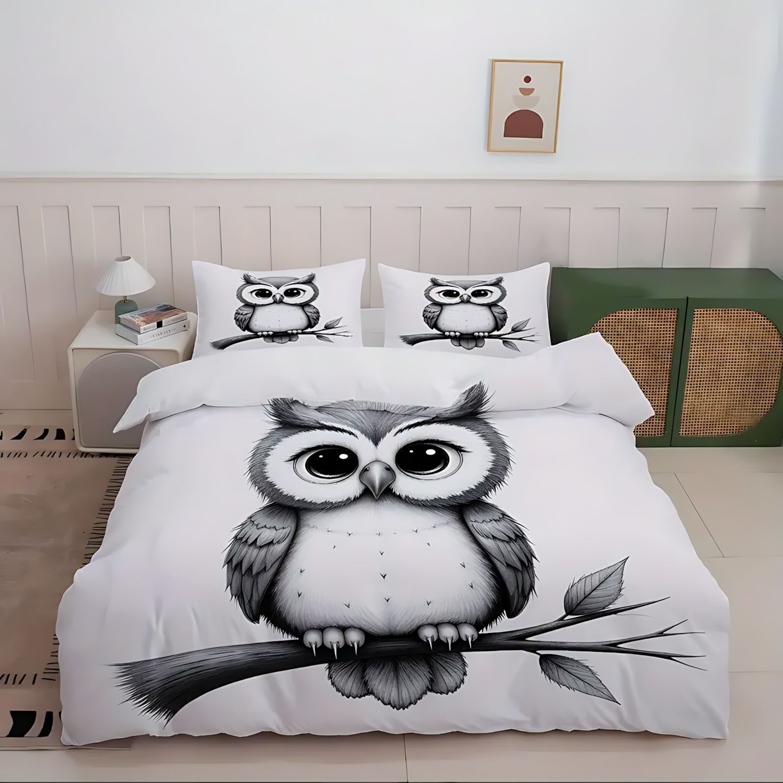 Temas de dibujos animados TEMU / JIT de comercio exterior búho impresión digital 3D cubierta de edredón con kit de cama para dibujar se puede hacer