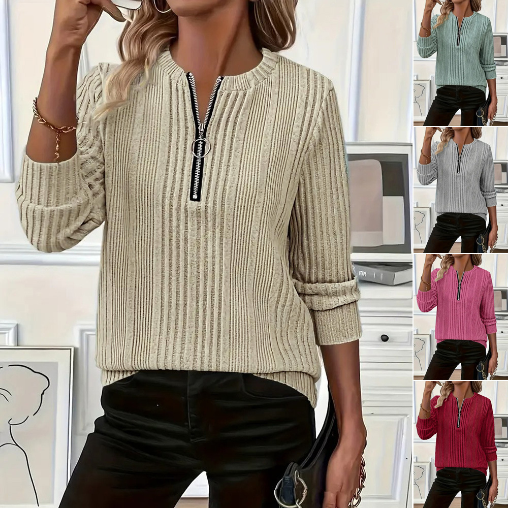 European and American Foreign Trade Amazon Cross-Border 2026 Spring Hot-Selling Solid Color Long-Sleeve Sweatshirt Women's Half-Zip Casual Top