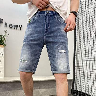 2021夏季新款五分裤 蓝色弹力男中裤 欧美潮流破洞牛仔短裤男青年