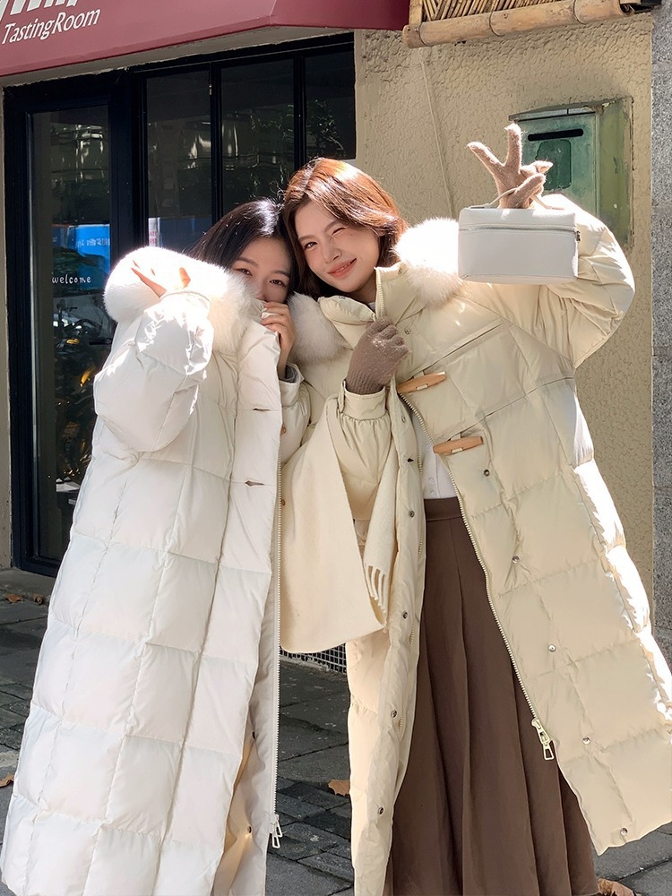 ダウンジャケット レディース ミドル丈 2025年冬新作 おしゃれ 可愛い フード付き 厚手 ホワイトダックダウン 大きなファー襟付き 暖かいコート