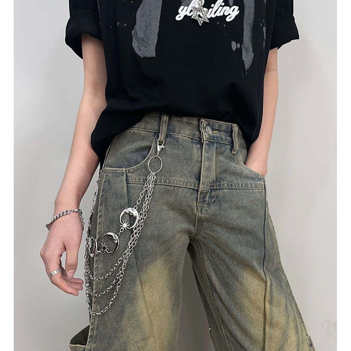 Men's Moon And Star Silver Waist Chain For Jeans Retro Accessory_voghion.com