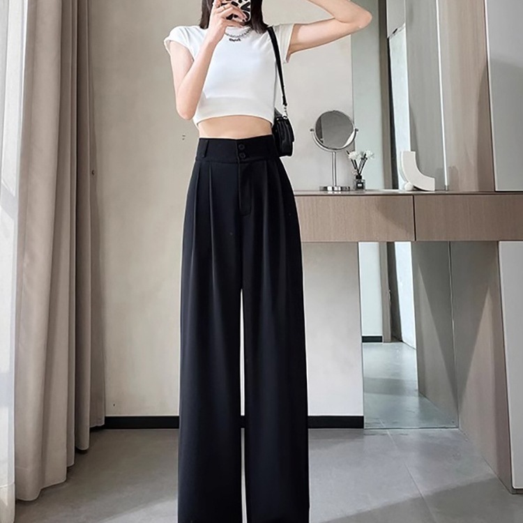 跨境韩系垂感西装裤女2025年夏季新款高腰直筒冰丝窄版阔腿长|undefined