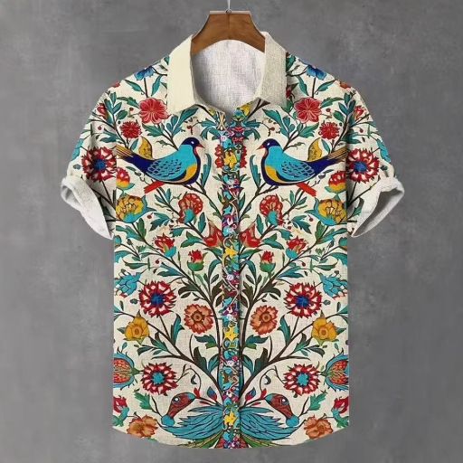 2025 New Plaid Asian Style Retro Pattern Printed Short Sleeve Comic Shirt for Men's Casual Clothing