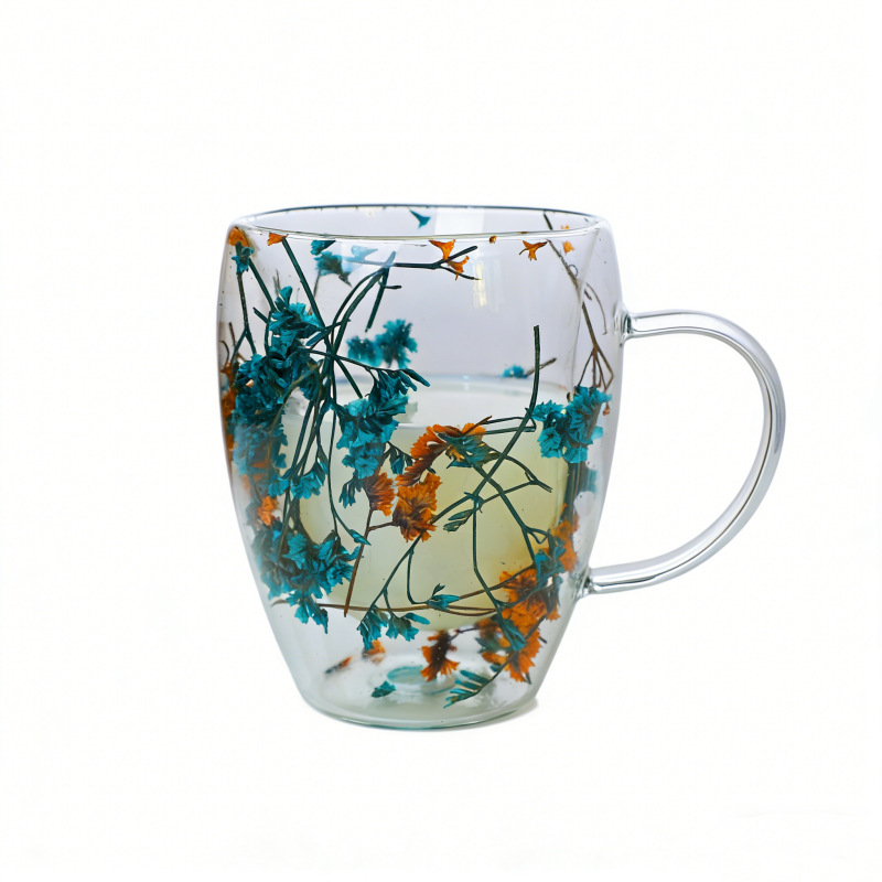 Taza de vidrio multicolor con flores secas insertadas, aislamiento térmico y anti-escaldado, taza de bebida doméstica de doble capa con mango en forma de huevo de flores secas