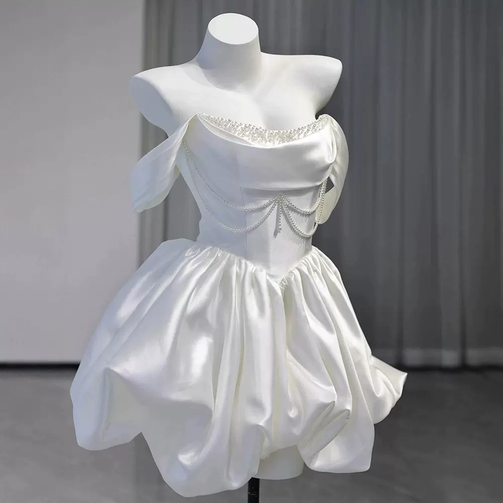 缎面一字肩轻婚纱法式短款领证订婚礼服生日派对性感白色小礼裙