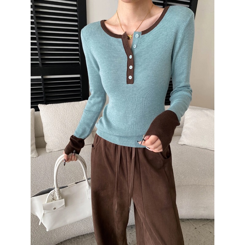 Sinnan Autumn New Design Color-Block Button Henley Collar Slim Fit Wool Knit Sweater Sn9327