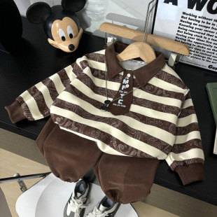 [21000 Collection] Autumn Children's Polo Shirt suit Stripe Cashew Flower Korean Two-Piece Set for Men