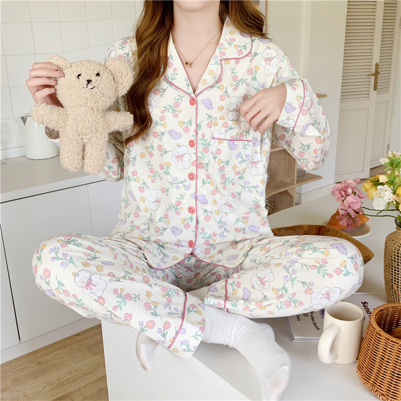 Ropa de confinamiento pijamas de primavera y otoño cardigan de manga larga para mujeres embarazadas 6535 algodón de dibujos animados de maternidad de enfermería posparto ropa para el hogar