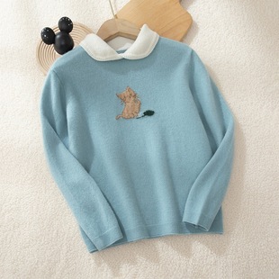 Autumn and winter children's cashmere doll collar female princess style kitten pattern knitted cashmere sweater for large children