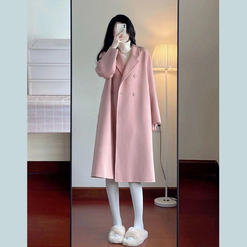 燕麦色高级感爆款毛呢外套女秋冬韩系中长款慵懒过膝呢子大衣ins|undefined