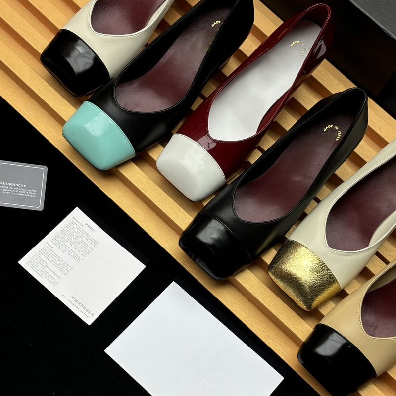 2026 New Style Chanel-Inspired Classic Two-Tone Square-Toe Chunky High Heels, Soft Leather Comfortable Shallow High Heels for Women
